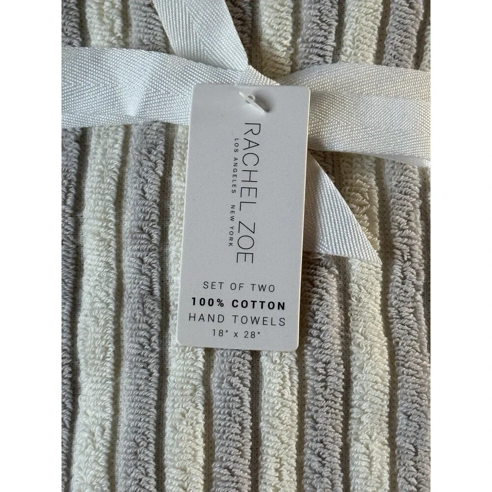 Rachel Zoe Hand Towels Striped Solid Bathroom Set of 2 Ivory Gray Textured 18x28